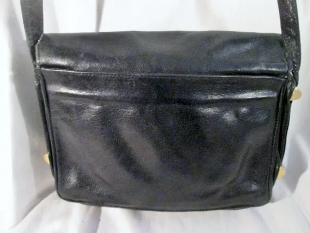 Vintage PERLINA Leather Shoulder Bag Handbag Satchel Flap Bag BLACK Crossbody