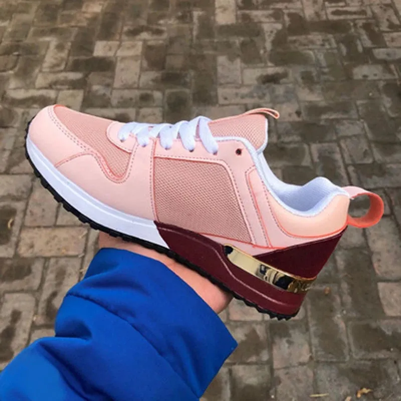 Women Fashion Mixed Color Platform Breathable Suede Leather Running  Lace Up Sneakers