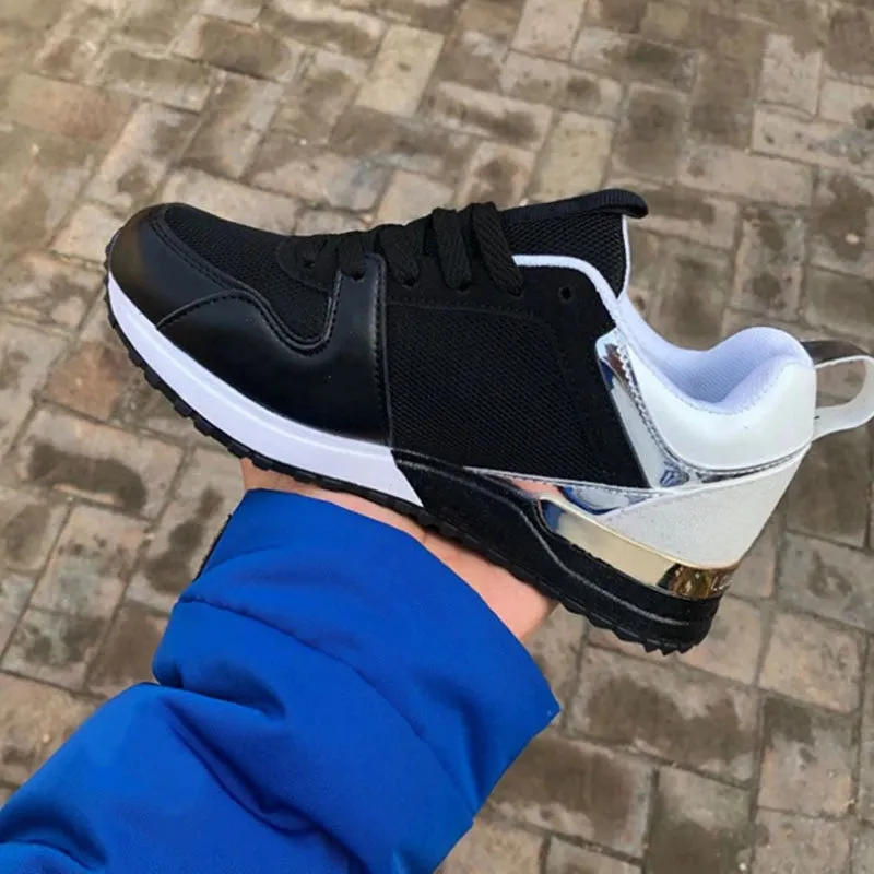 Women Fashion Mixed Color Platform Breathable Suede Leather Running  Lace Up Sneakers