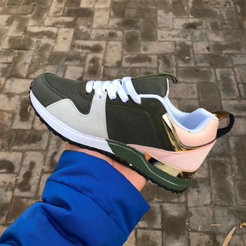 Women Fashion Mixed Color Platform Breathable Suede Leather Running  Lace Up Sneakers