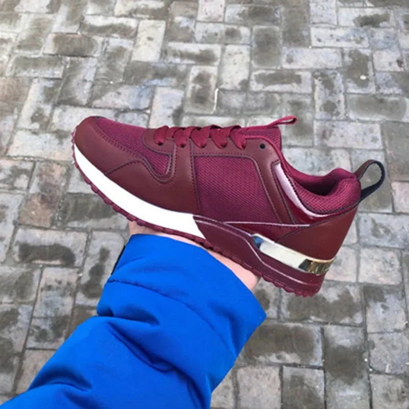 Women Fashion Mixed Color Platform Breathable Suede Leather Running  Lace Up Sneakers