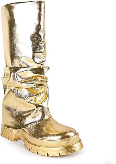Women Fold Over Mid-calf Pull On Metallic Boots