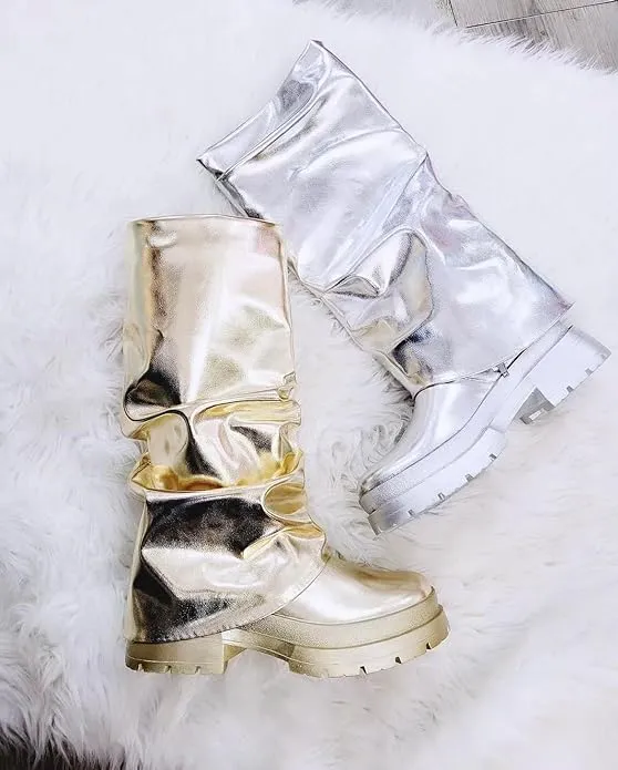 Women Fold Over Mid-calf Pull On Metallic Boots