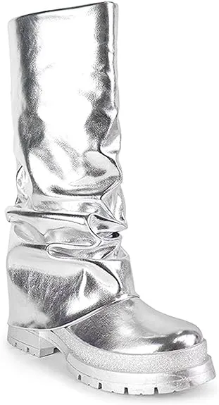 Women Fold Over Mid-calf Pull On Metallic Boots
