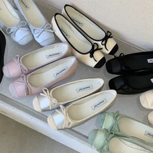Women Retro Mary Jane Shoes, Contrast Color Vintage Flats Shoes, Bow Decor Plain Toe Flats, Retro Round Toe Beige Pink Black Sliver Shoes