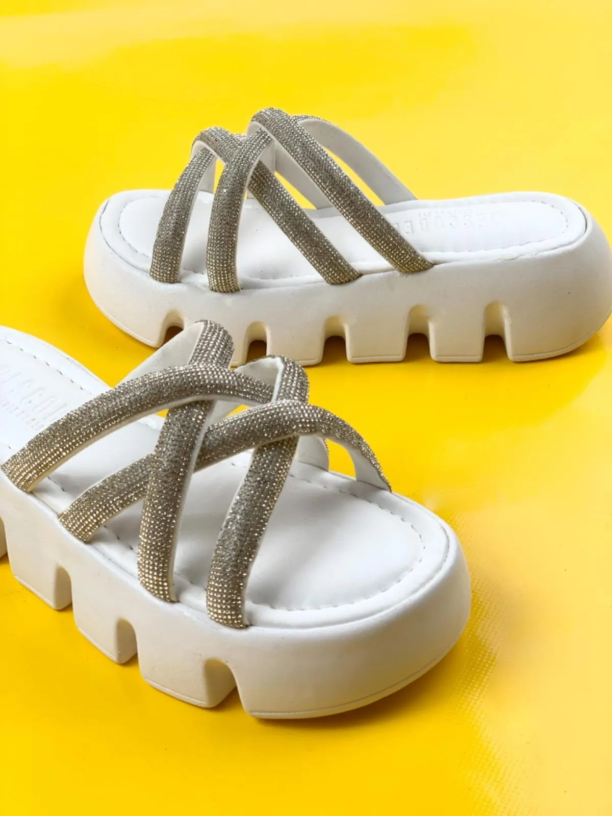 Women's Pess White Balloon Orthopedic Sole Cross Stone Slippers