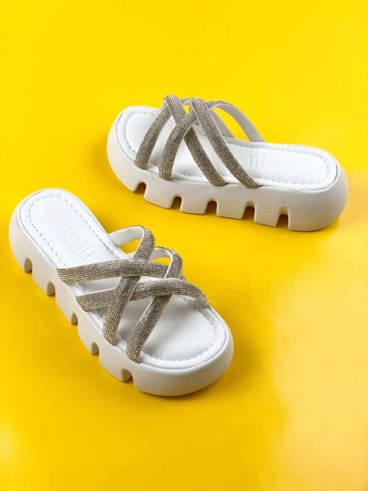 Women's Pess White Balloon Orthopedic Sole Cross Stone Slippers