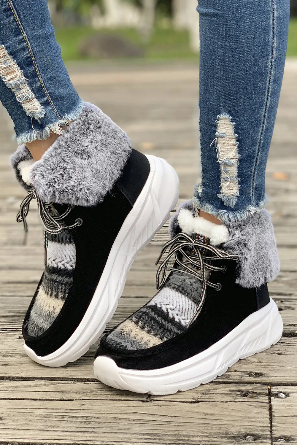 Women's Plush Suede Patched Lace Up Ankle Boots