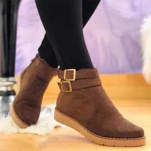 Women'S Round Toe Platform Suede Low Top Metal Buckle Ankle Boots 70248842C